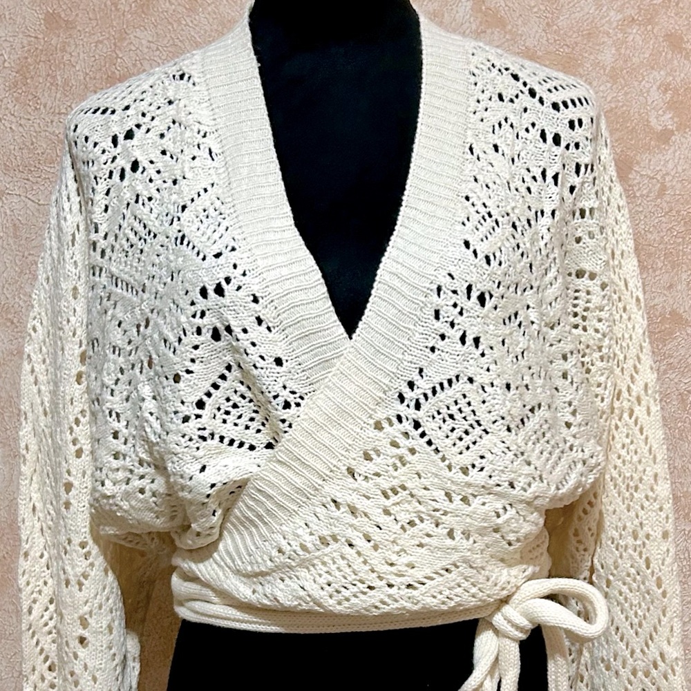Off White or Milky White Knit Semi Sheer Wrap Sweater - Decorative Side Tie - Picture 4 of 13